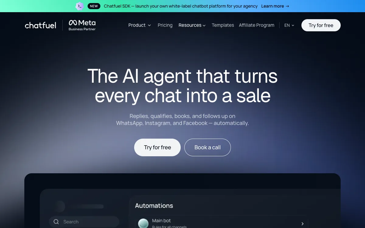 Chatfuel's homepage, October 2026