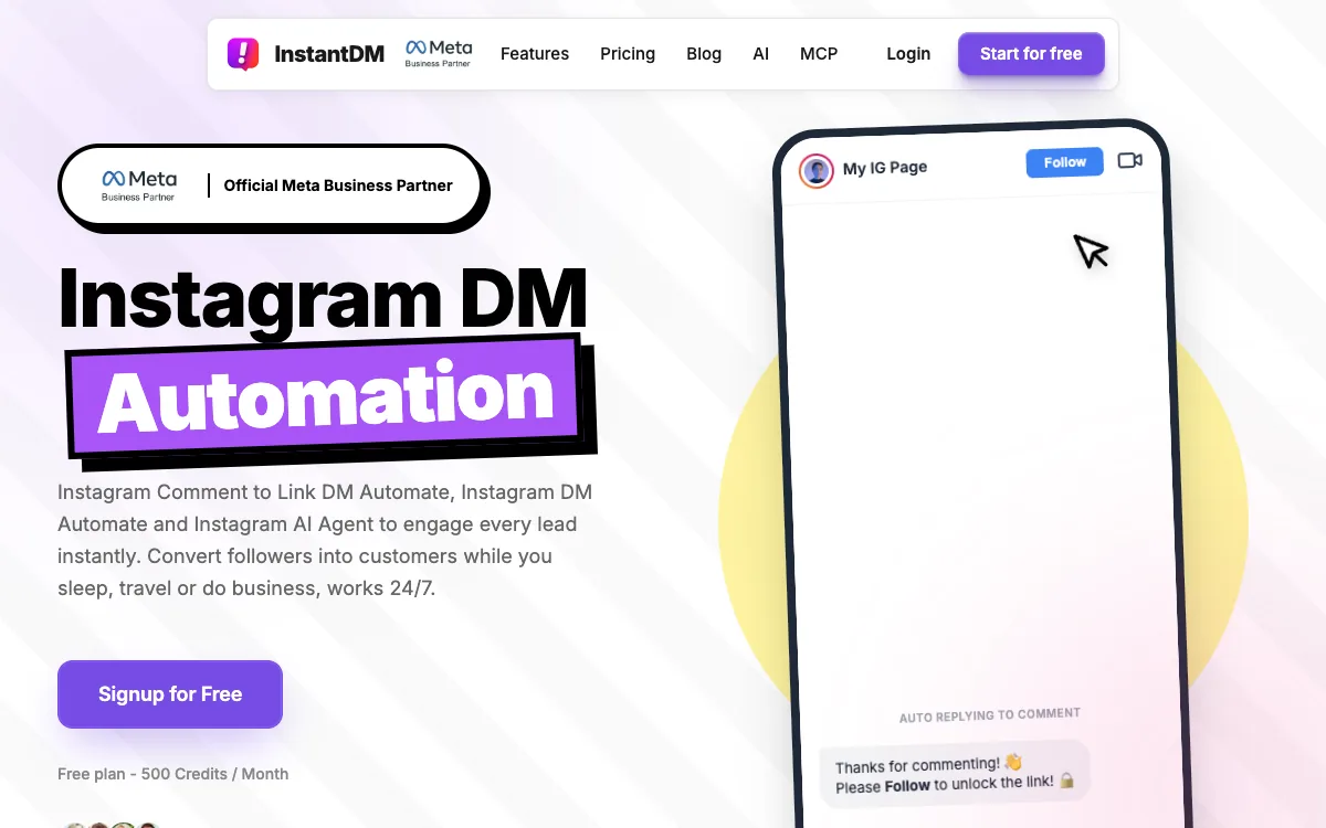 InstantDM's homepage, October 2026