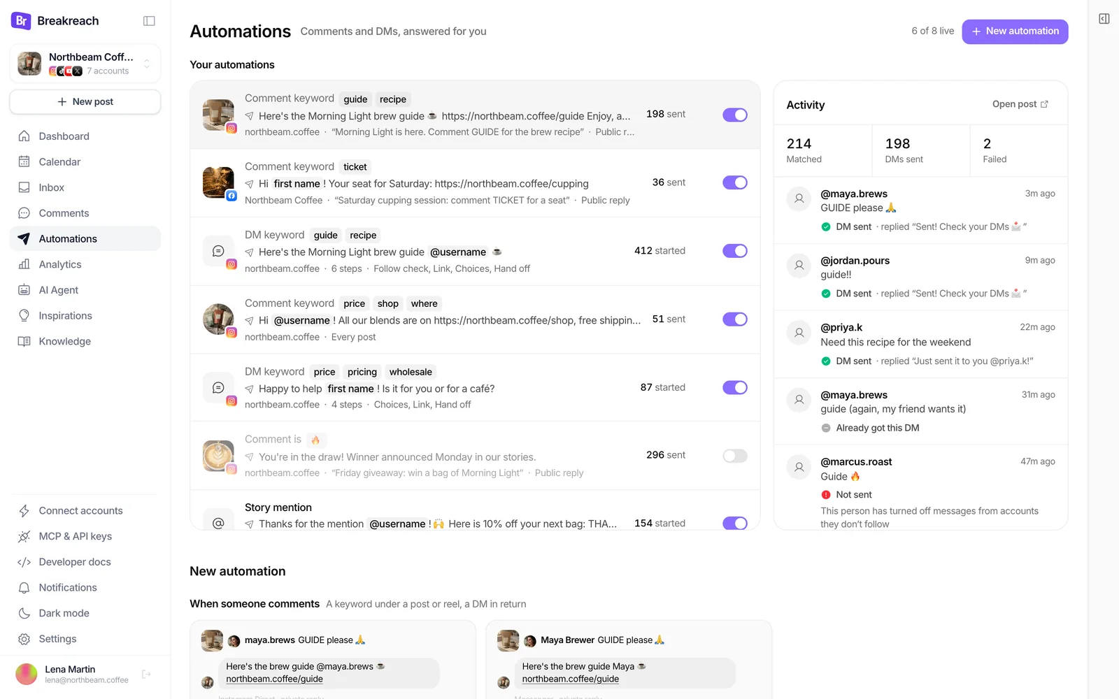 The automation list with the launch post rule selected: 214 comments matched, 198 DMs sent, 2 failed, and each comment with what happened