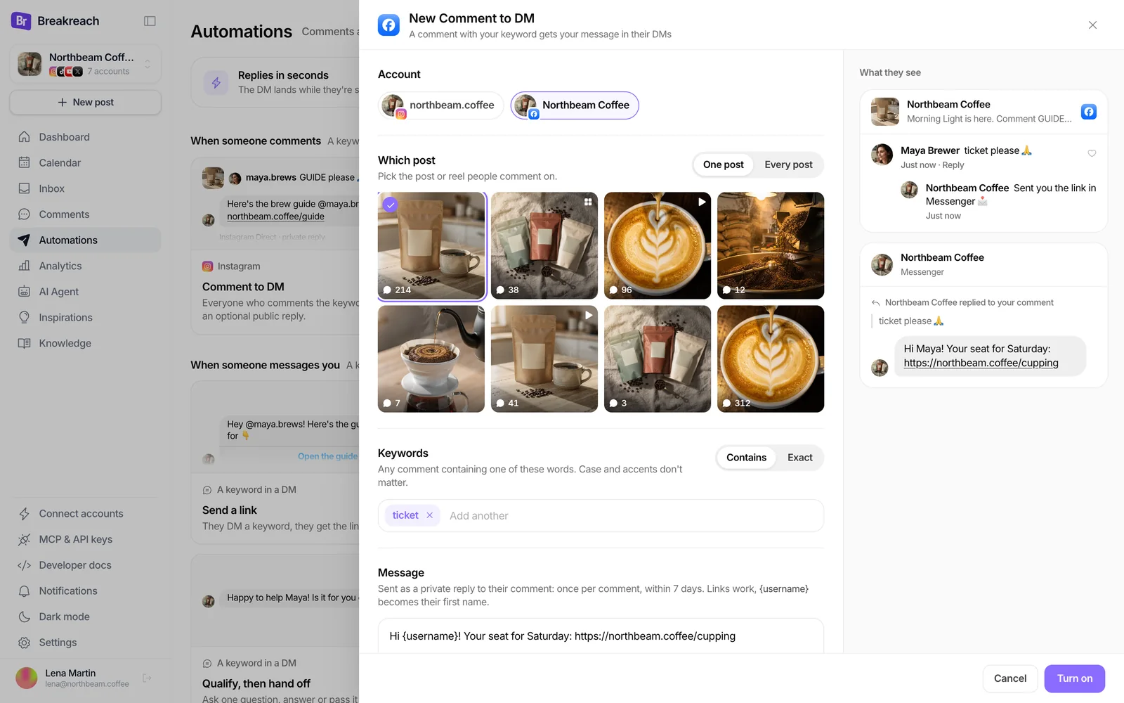 The Comment to DM panel on the Northbeam Coffee Facebook Page: a post picked, the keyword ticket, the message with the cupping link, and the Messenger preview