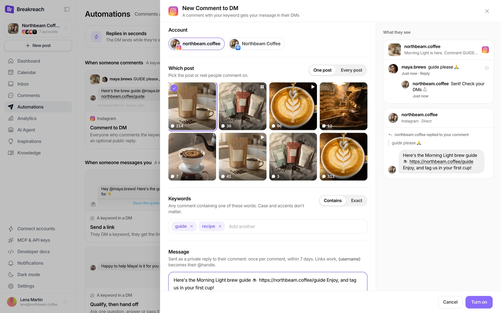 The new Comment to DM panel: the Instagram account, the launch post picked in the grid, the keywords guide and recipe, and a preview of the comment and the DM