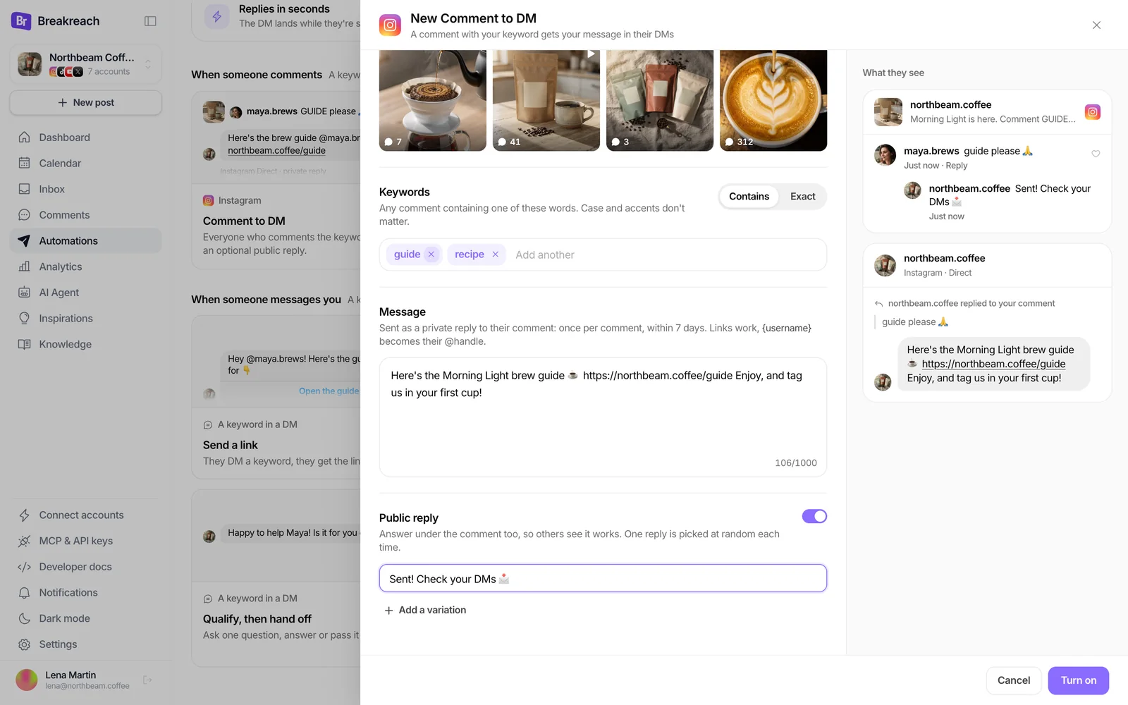 The message with the brew guide link, 106 of 1,000 characters, the public reply “Sent! Check your DMs” turned on, and the preview of the DM in Instagram Direct