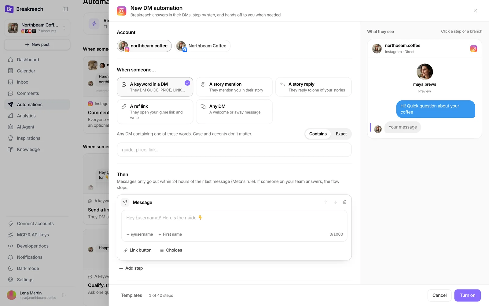 The DM automation editor on a blank flow, with the triggers: a keyword in a DM, a story mention, a story reply, a ref link and any DM