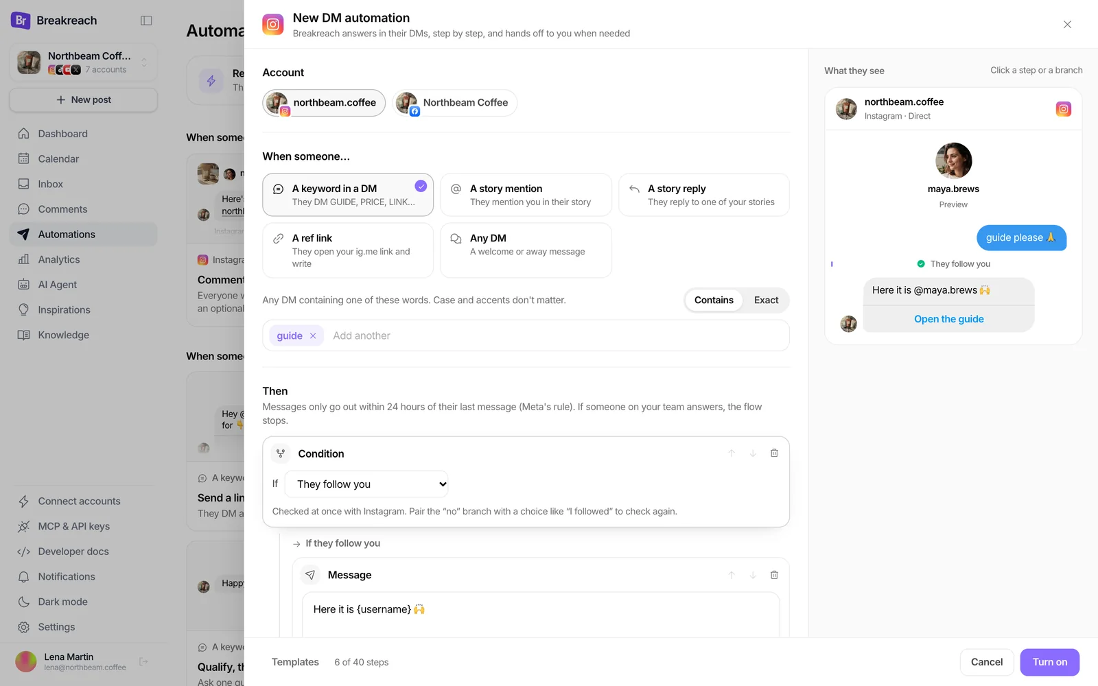 The DM automation editor with a follow check: followers get the guide link, the others a message asking to follow with an “I followed” button