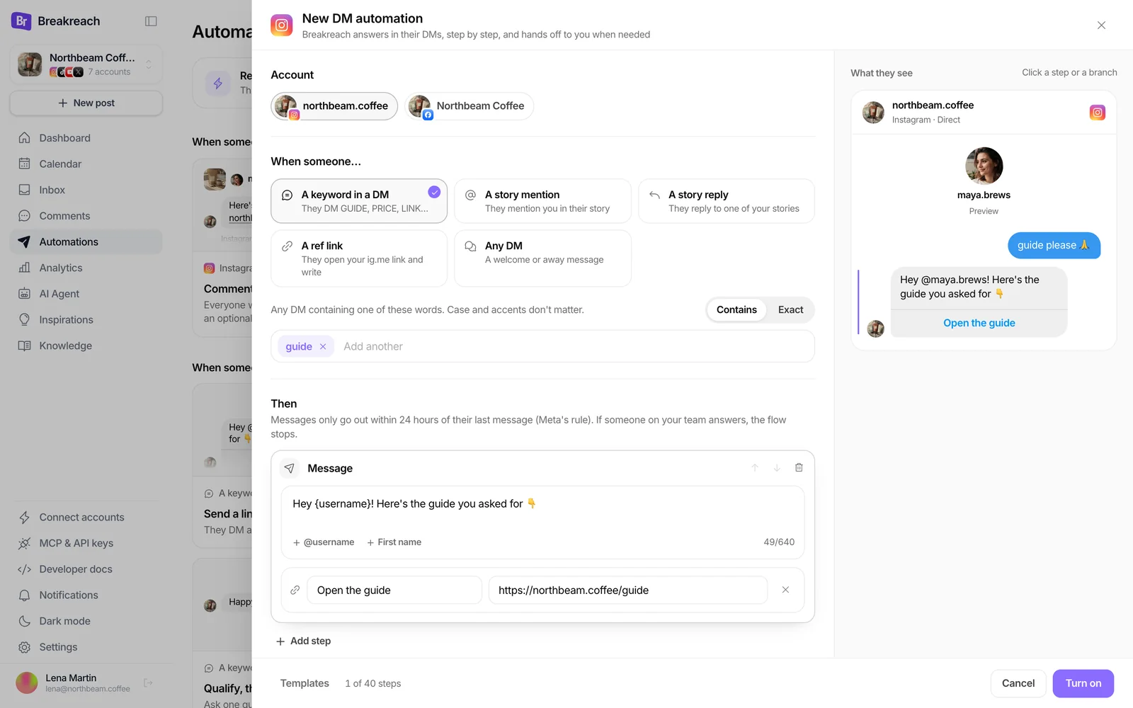The DM automation editor with the Send a link template: the trigger “A keyword in a DM” with the keyword guide, a message with an “Open the guide” button, and the Instagram preview