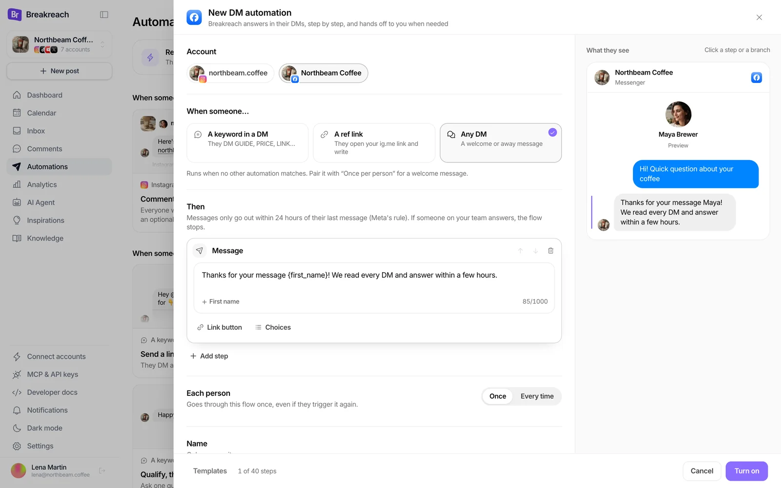 The DM automation editor on the Facebook Page: the triggers keyword, ref link and any DM, a welcome message with the first name, and the Messenger preview