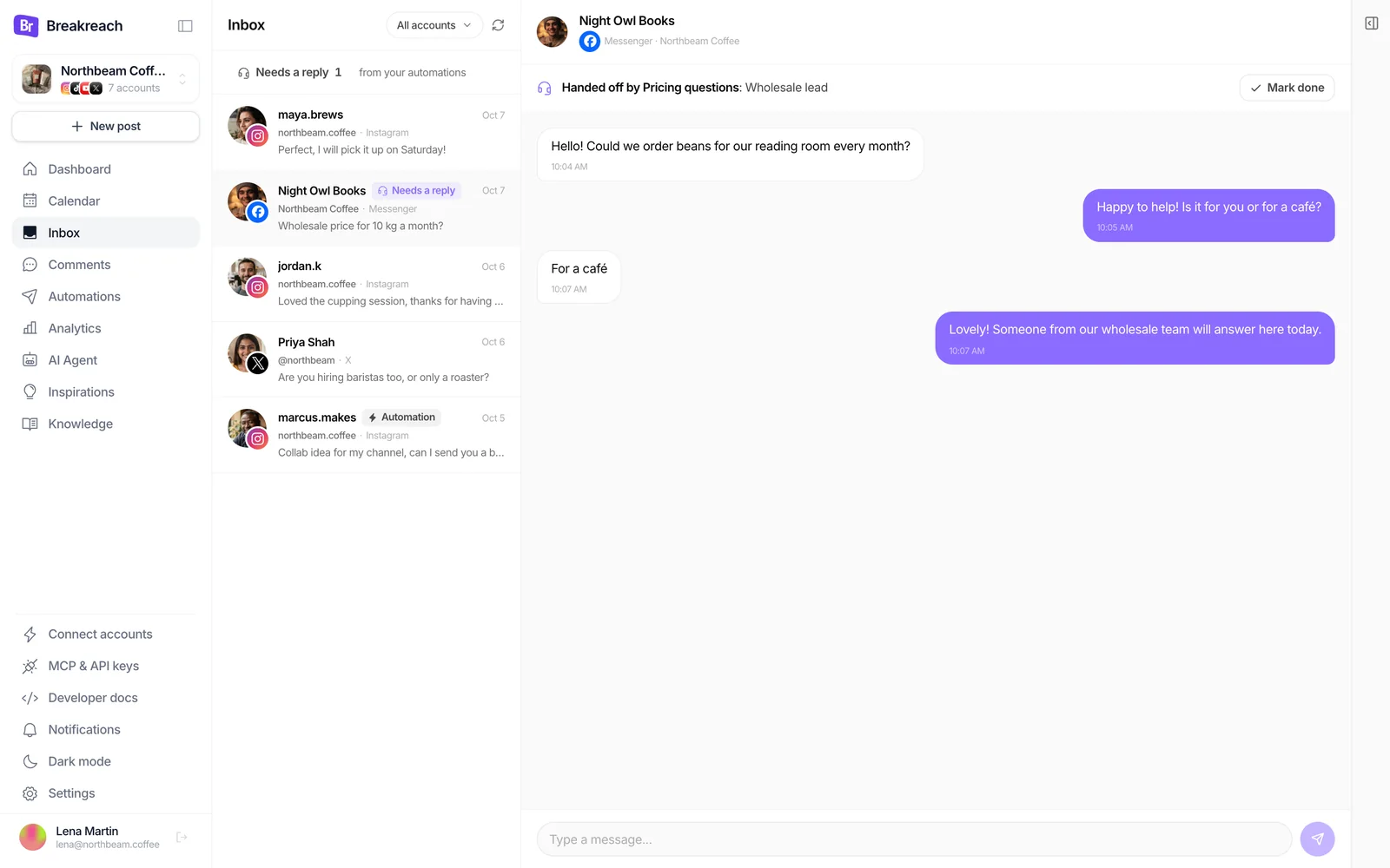The Breakreach Inbox with a Messenger conversation from Night Owl Books handed off by the Pricing questions automation as a wholesale lead