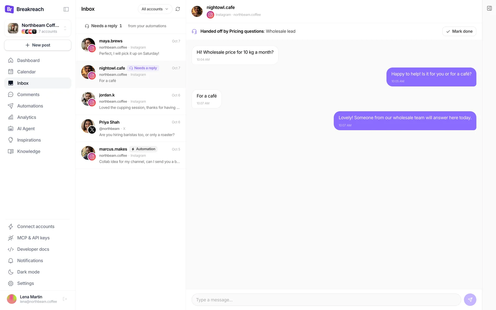 The Breakreach Inbox with a conversation handed off by the Pricing questions automation, marked Wholesale lead, with the questions and answers the automation exchanged