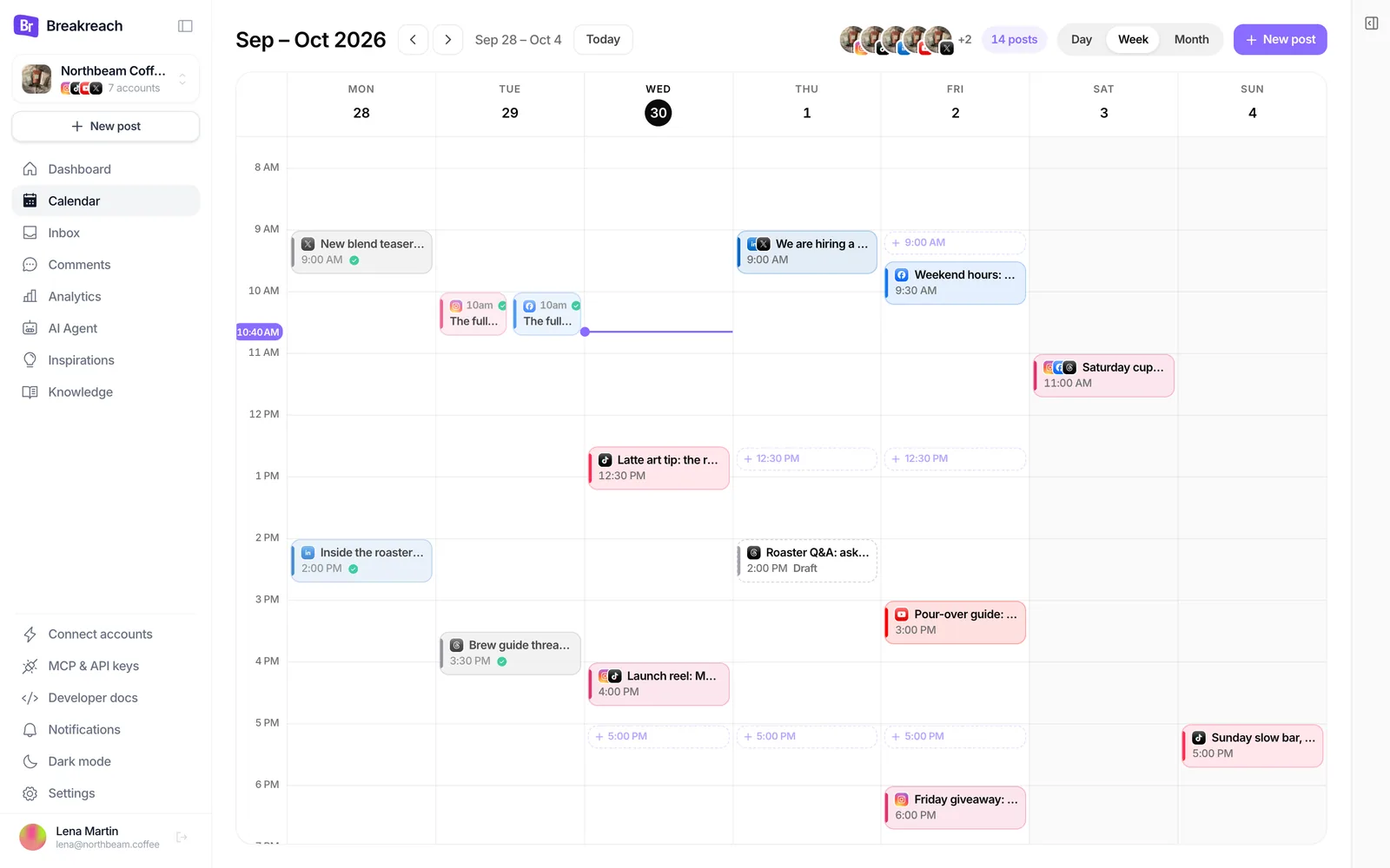 Breakreach calendar with a client's posts for the week across Instagram, TikTok, LinkedIn, YouTube, X and Threads