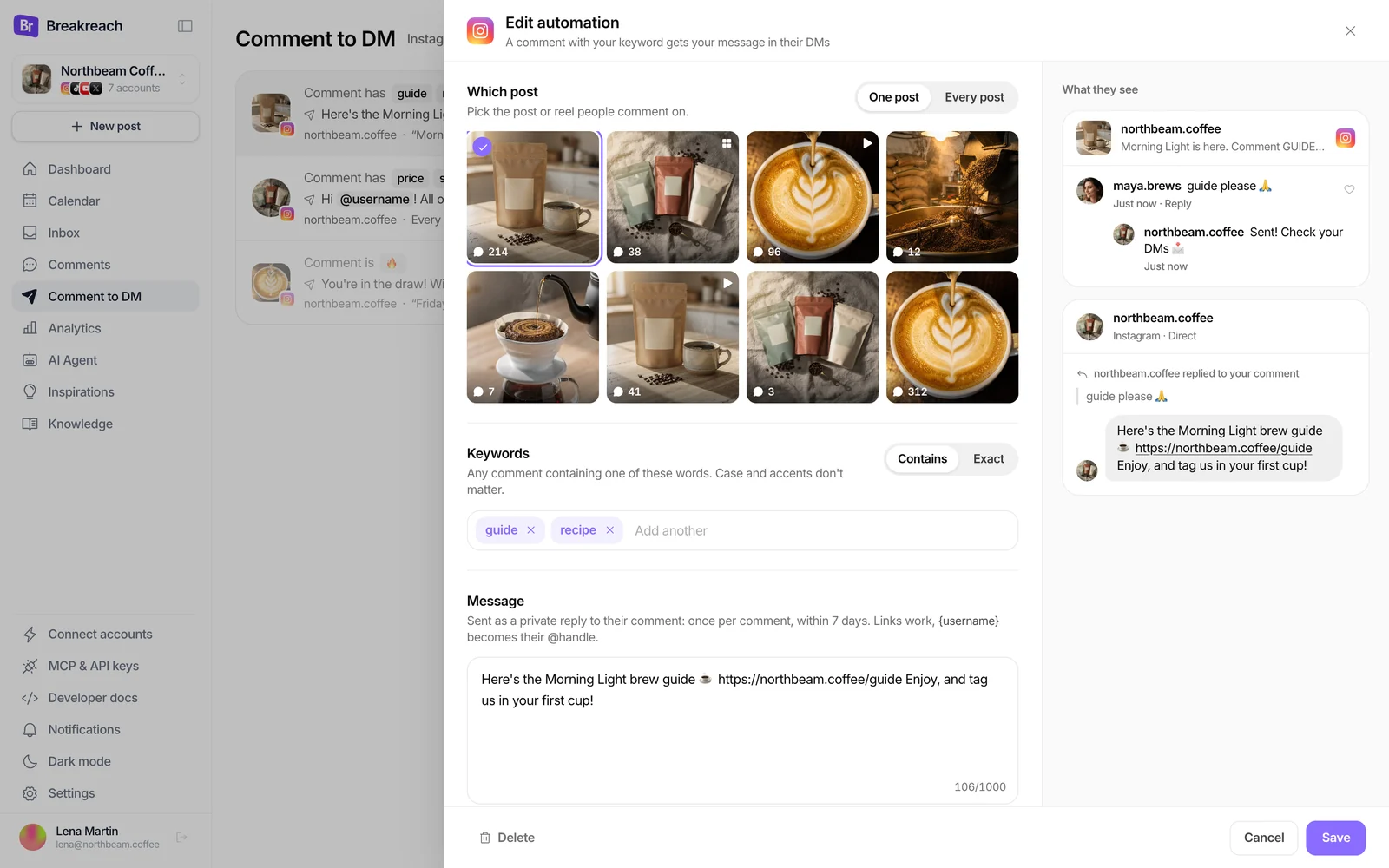 Breakreach's Comment to DM editor: a launch post picked from the account's latest posts, the keywords guide and recipe, the DM with the brew guide link, and a preview of what the person sees