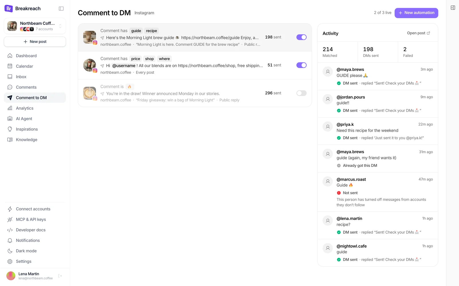 Breakreach's Comment to DM page: three automations with their DMs sent, and the activity of the launch post, with each comment, the DM sent, the public reply, one person who already had the DM and one DM Instagram refused