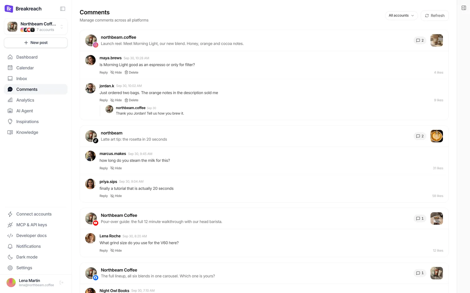 Breakreach comments view grouping a client's Instagram, TikTok and YouTube comments by post, with replies