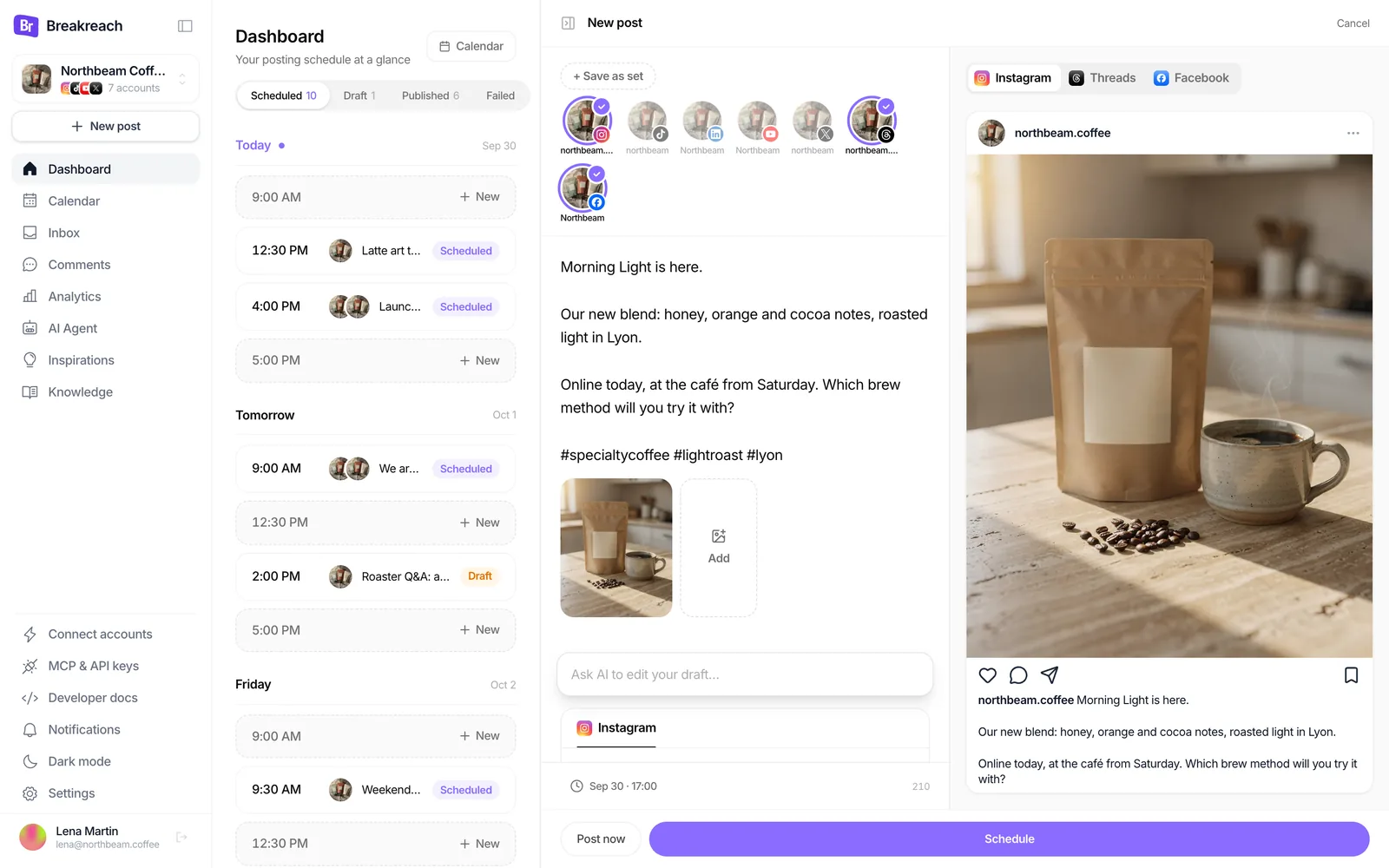 Breakreach composer writing a post for a client's Instagram, Threads and Facebook, with the Instagram preview and the schedule for the day