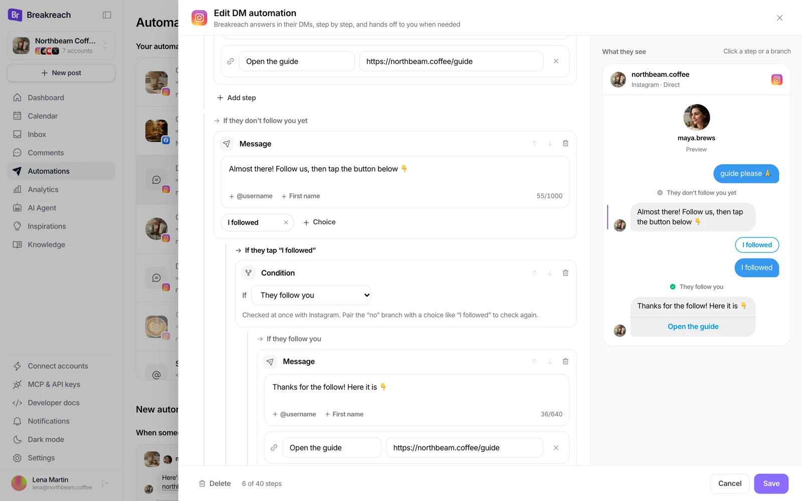 Breakreach's DM automation editor: a follow check, a message asking to follow with an “I followed” button, a second follow check and the message with the guide link, next to a preview of the Instagram conversation
