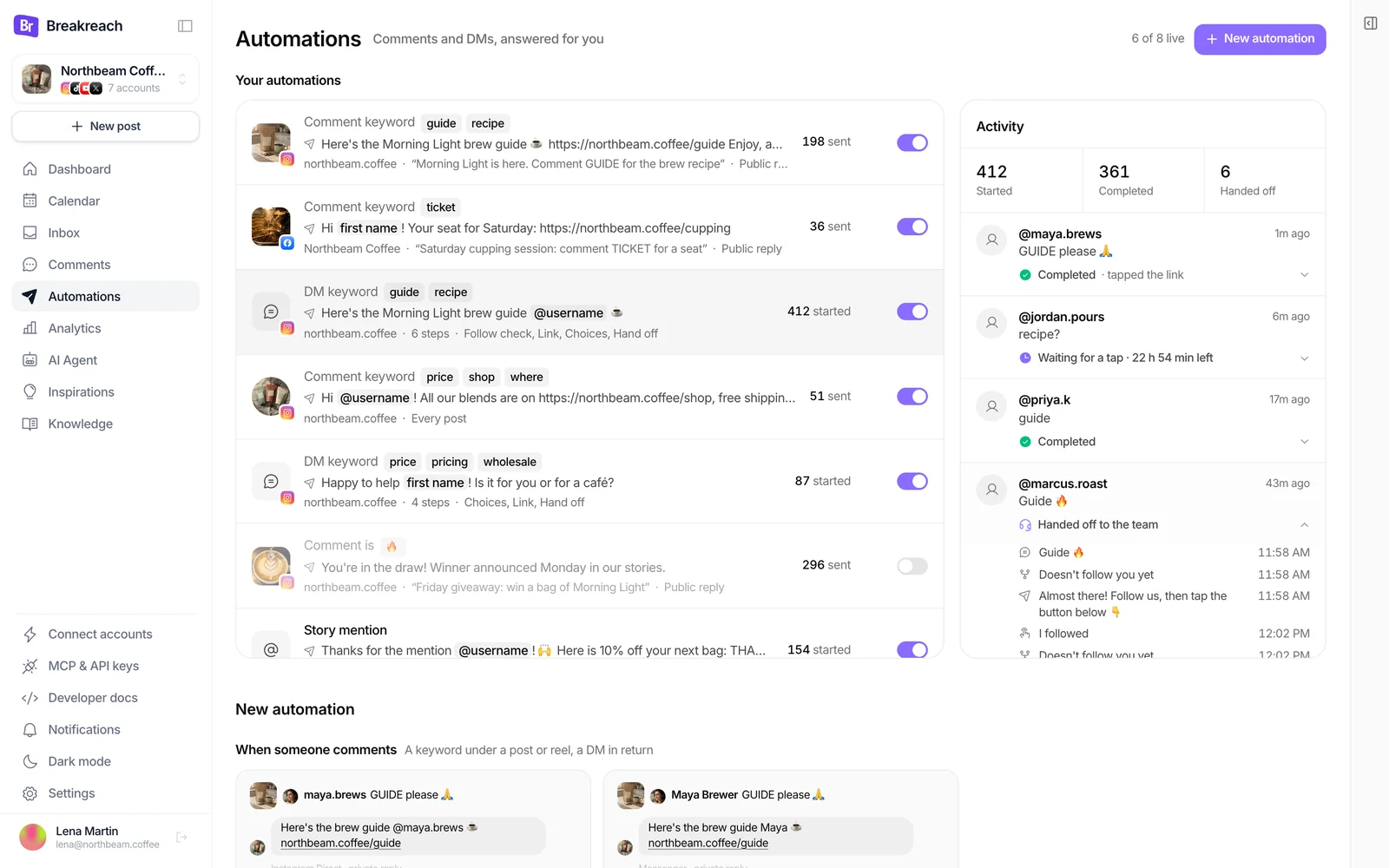 Breakreach's Automations page: Comment to DM rules and DM automations in one list with what each sent or started, the activity of the follow-to-get-the-guide flow with each person and the step they reached, one handed off to the team with the log of every step, and below, the cards that start a new automation